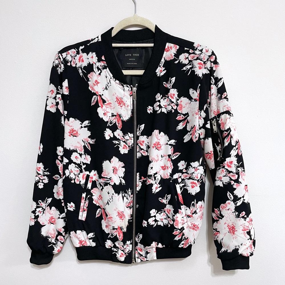 Cherry Blossom Floral Bomber Jacket with Zipper and Pocket on Sleeve Love Tree